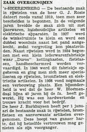 Artikel uit (waarschijnlijk) de Gelderlander n.a.v. het overdragen van de winkel aan Jaap Barkhysen in 1967.